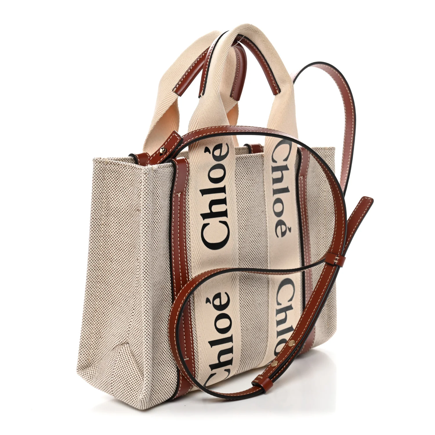 Cotton Calfskin Small Woody Ribbon Tote White Brown - Image 3