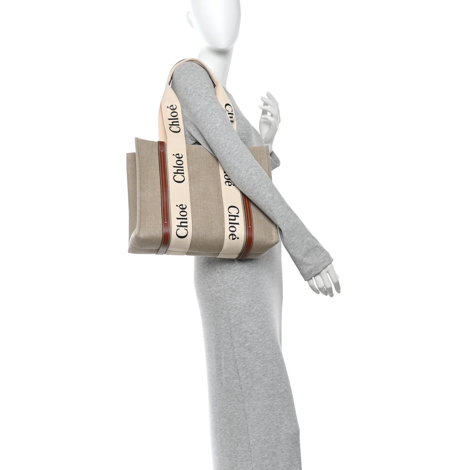 Linen Calfskin Medium Woody Ribbon Tote White Brown - Image 2