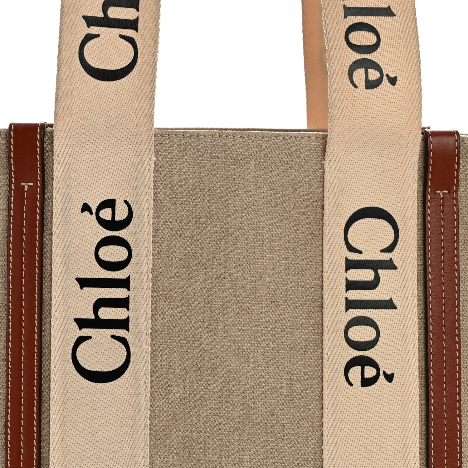 Linen Calfskin Medium Woody Ribbon Tote White Brown - Image 8