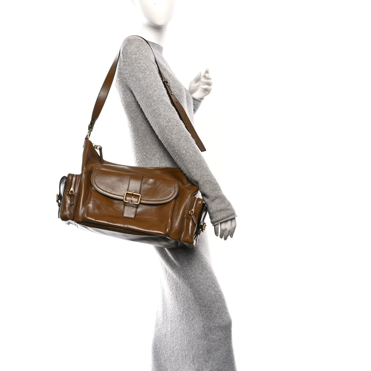 Shiny Calfskin Large Double Carry Camera Bag Dark Khaki - Image 2