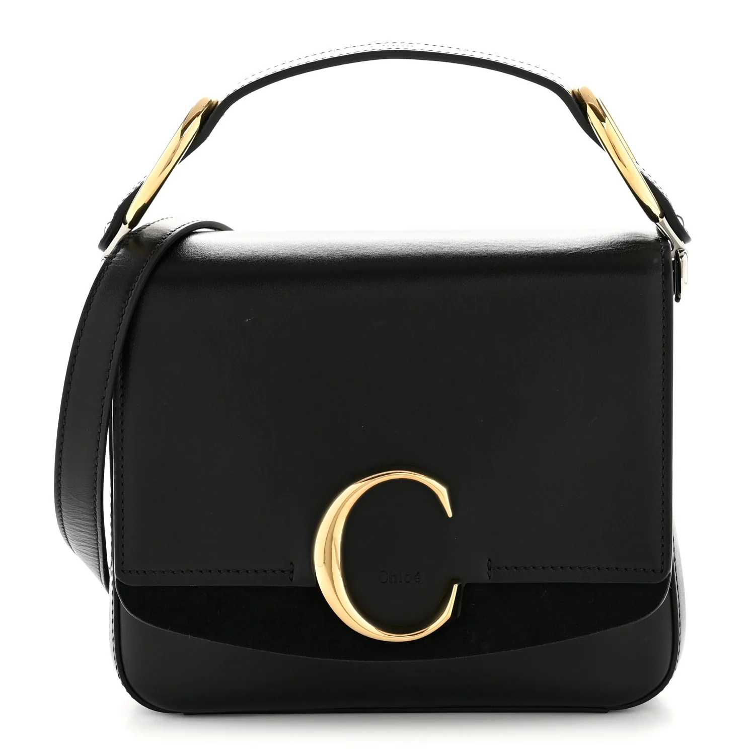 Shiny Calfskin Suede Small C Double Carry Black
