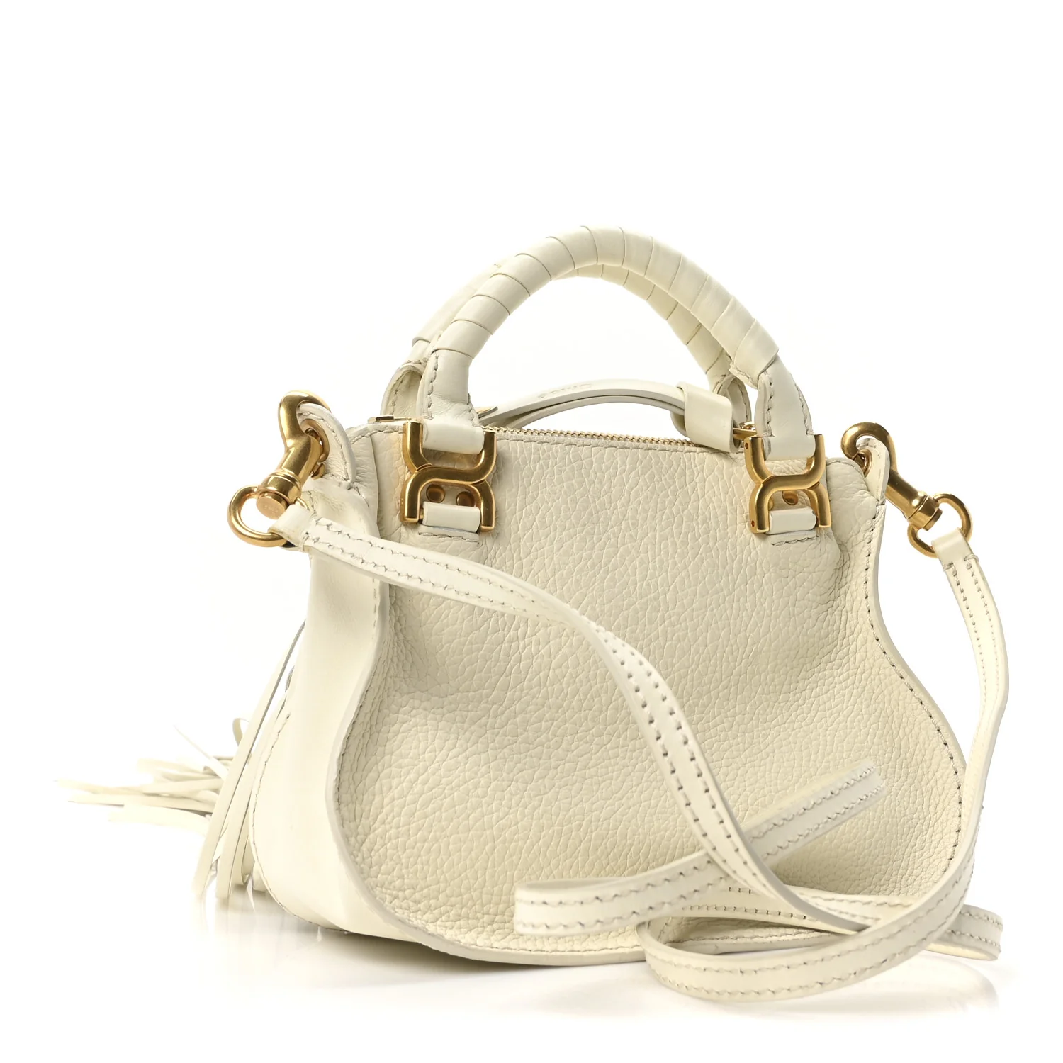 Shiny Small Grain Calfskin Mini Marcie Multi Fringe Satchel Natural White - Image 3