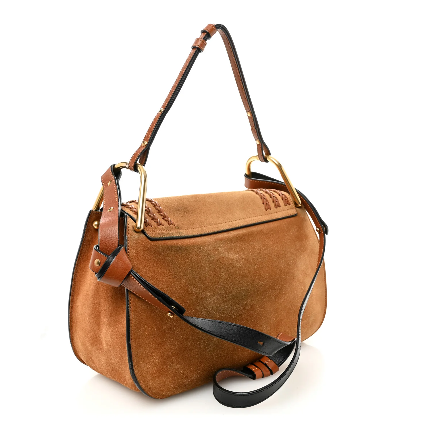 Suede Braided Medium Hudson Double Carry Shoulder Bag Caramel - Image 3