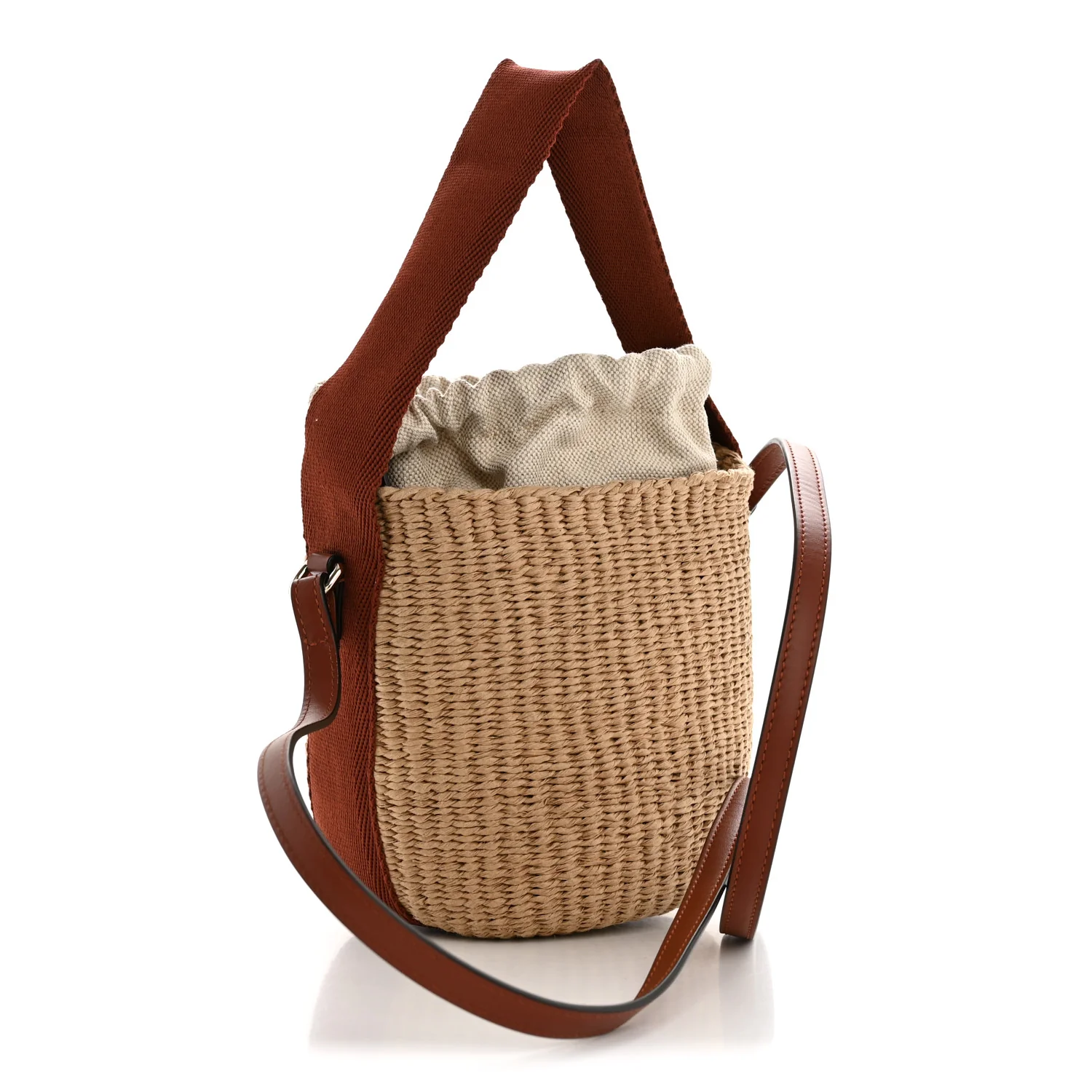 X MIFUKO Paper Raffia Calfskin Small Horse Medal Bucket Bag Sepia Brown - Image 3