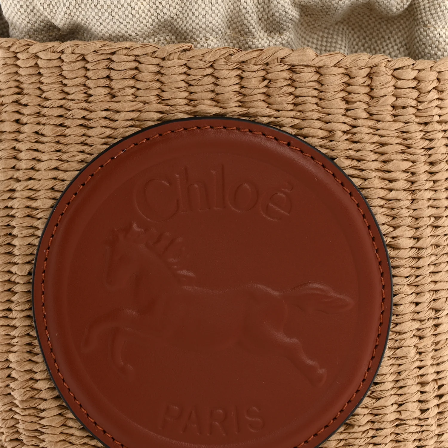 X MIFUKO Paper Raffia Calfskin Small Horse Medal Bucket Bag Sepia Brown - Image 9