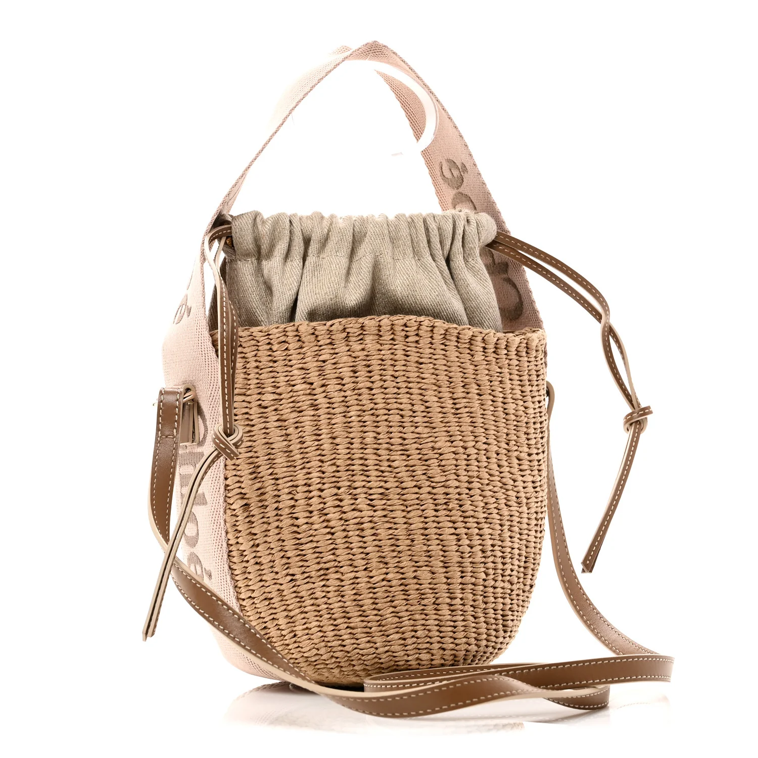 X MIFUKO Raffia Calfskin Small Woody Basket Shoulder Bag Beige Light Pink - Image 3