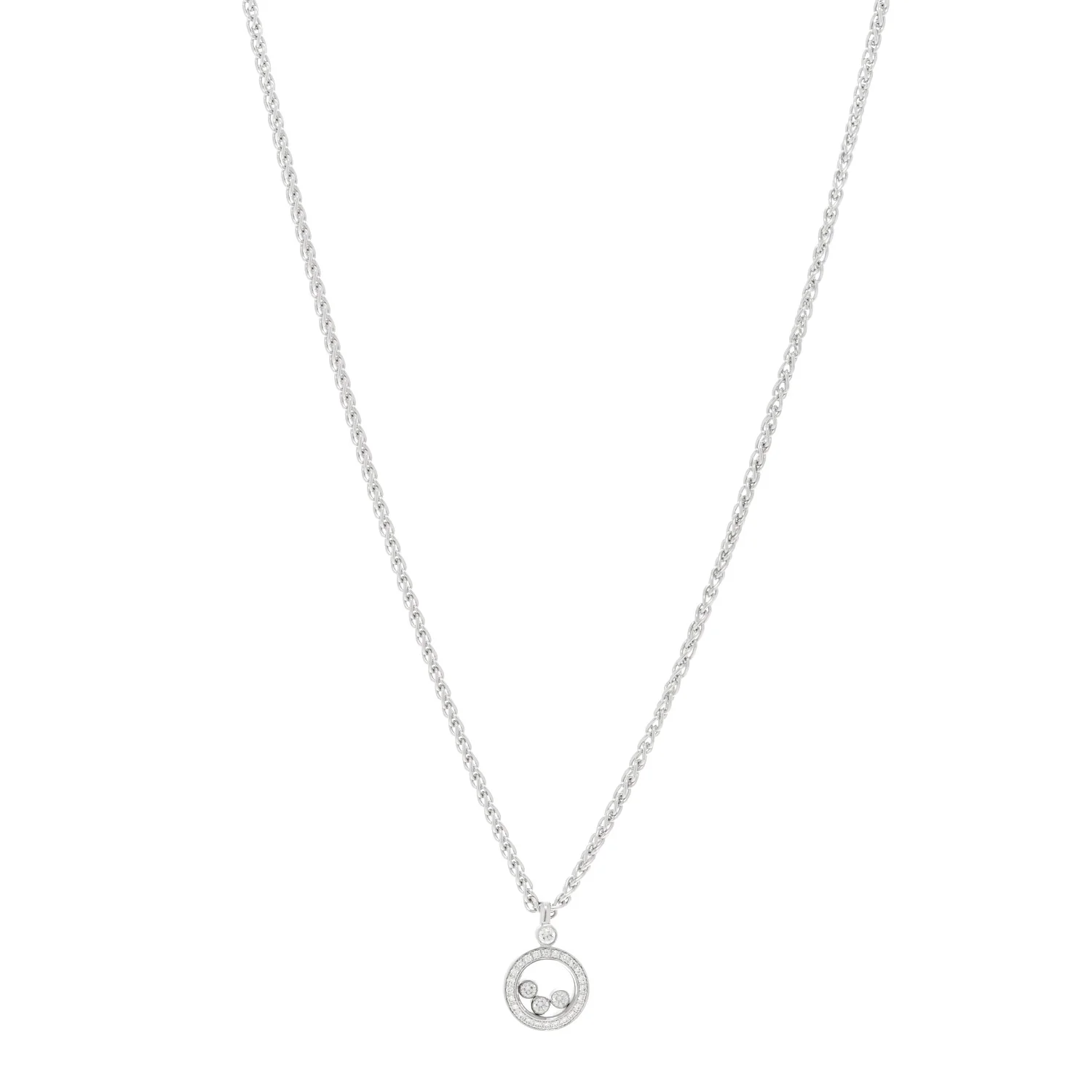 18K White Gold 3 Diamond Happy Diamond Icons Round Pendant Necklace