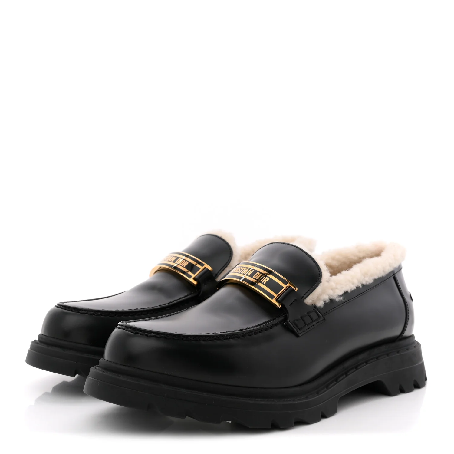 Brushed Calfskin Shearling Dior Code Lug Sole 15mm Loafers 41 Black Natural - Image 4