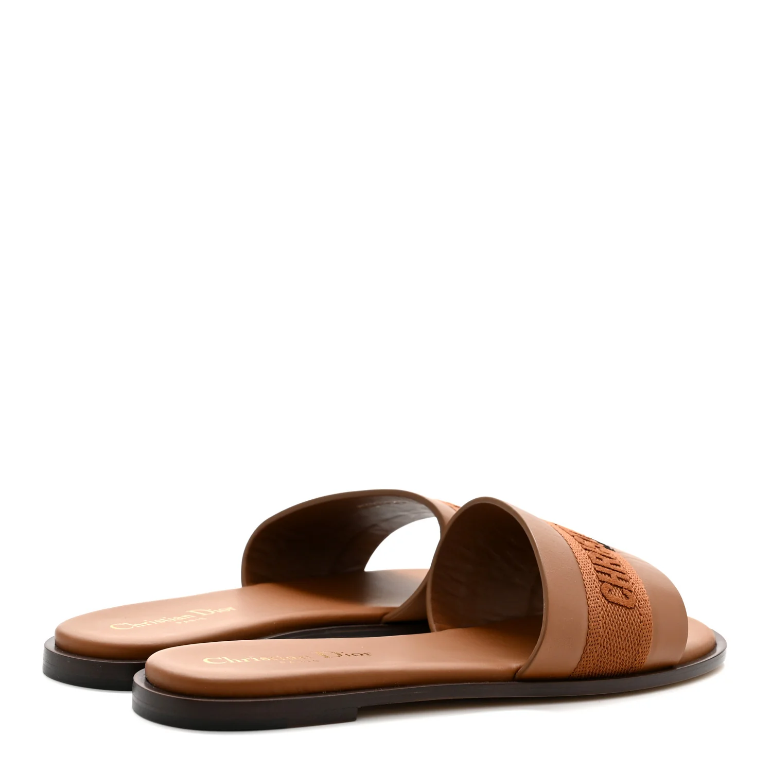 Calfskin Canvas Embroidered Dway Flat Slide Sandals 36 Camel - Image 5