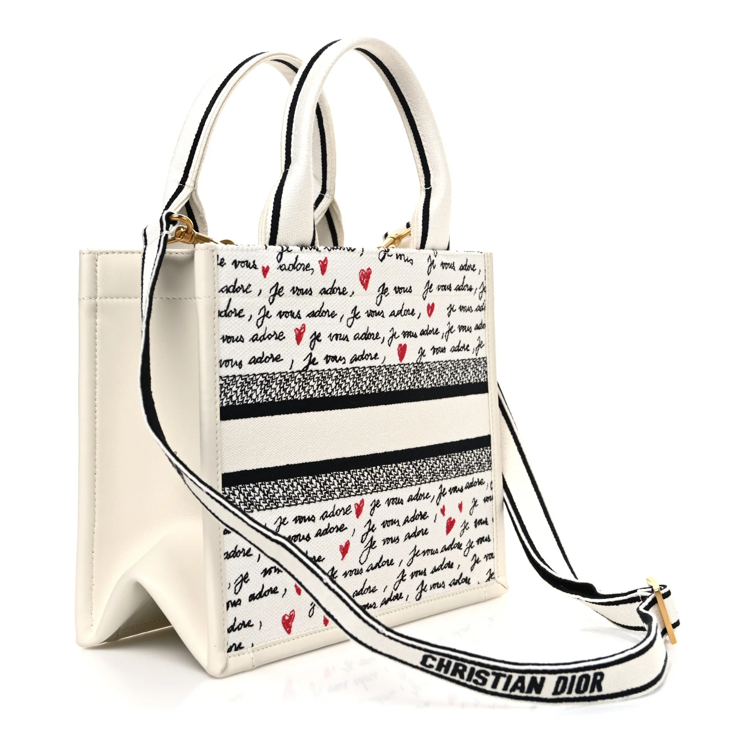 Calfskin Canvas Embroidered Small Dioramour Je Vous Adore Book Tote With Strap White Black Red - Image 2