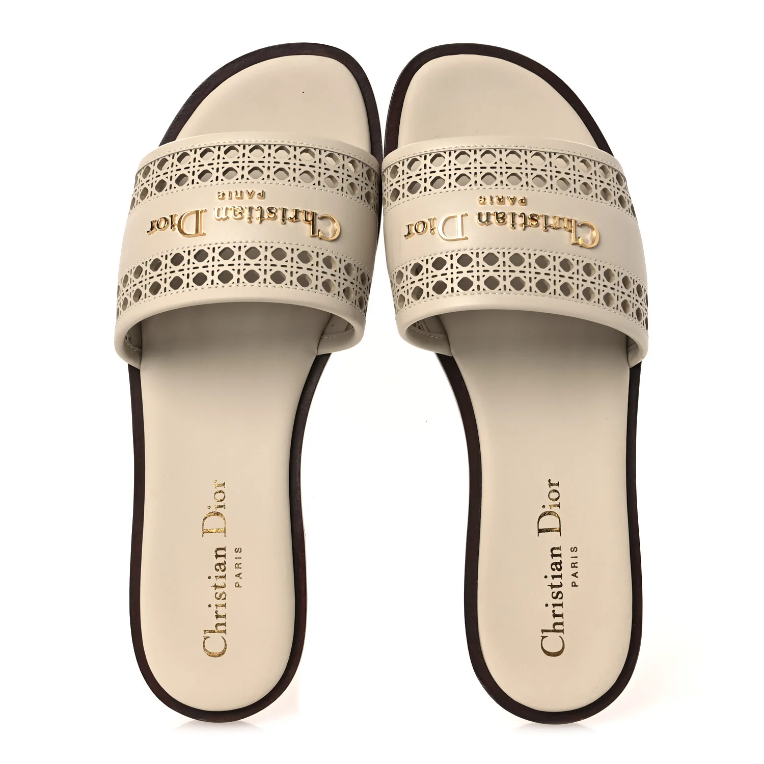 Calfskin Lambskin Micro Cannage D-Lane Flat Slide Sandals 36 Light Ecru - Image 2