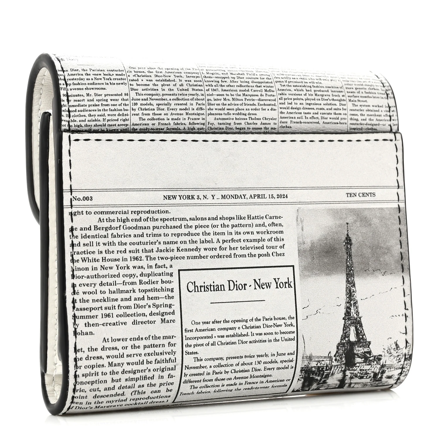 Calfskin Newspaper Print Saddle Lotus Wallet White Black - Image 3