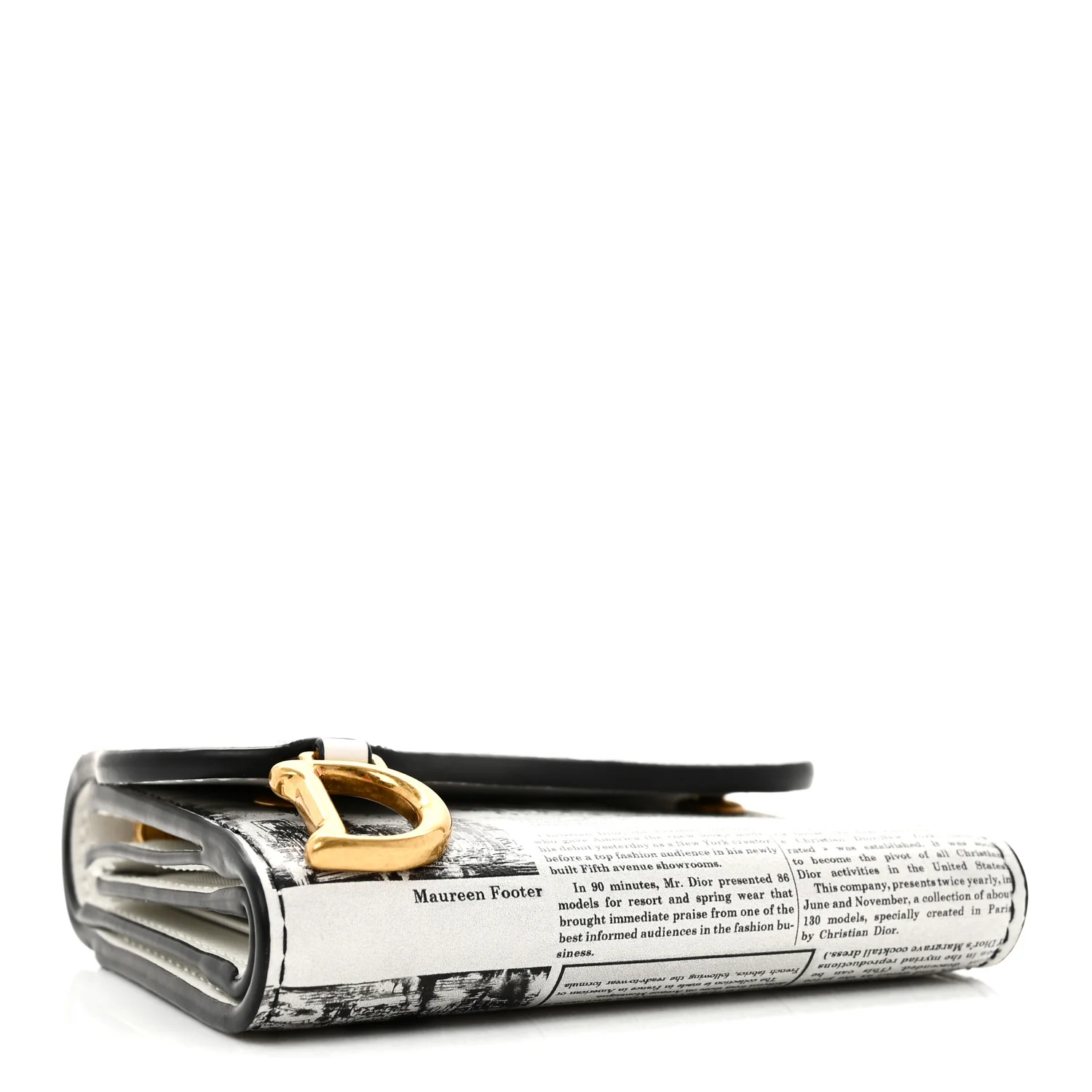 Calfskin Newspaper Print Saddle Lotus Wallet White Black - Image 4