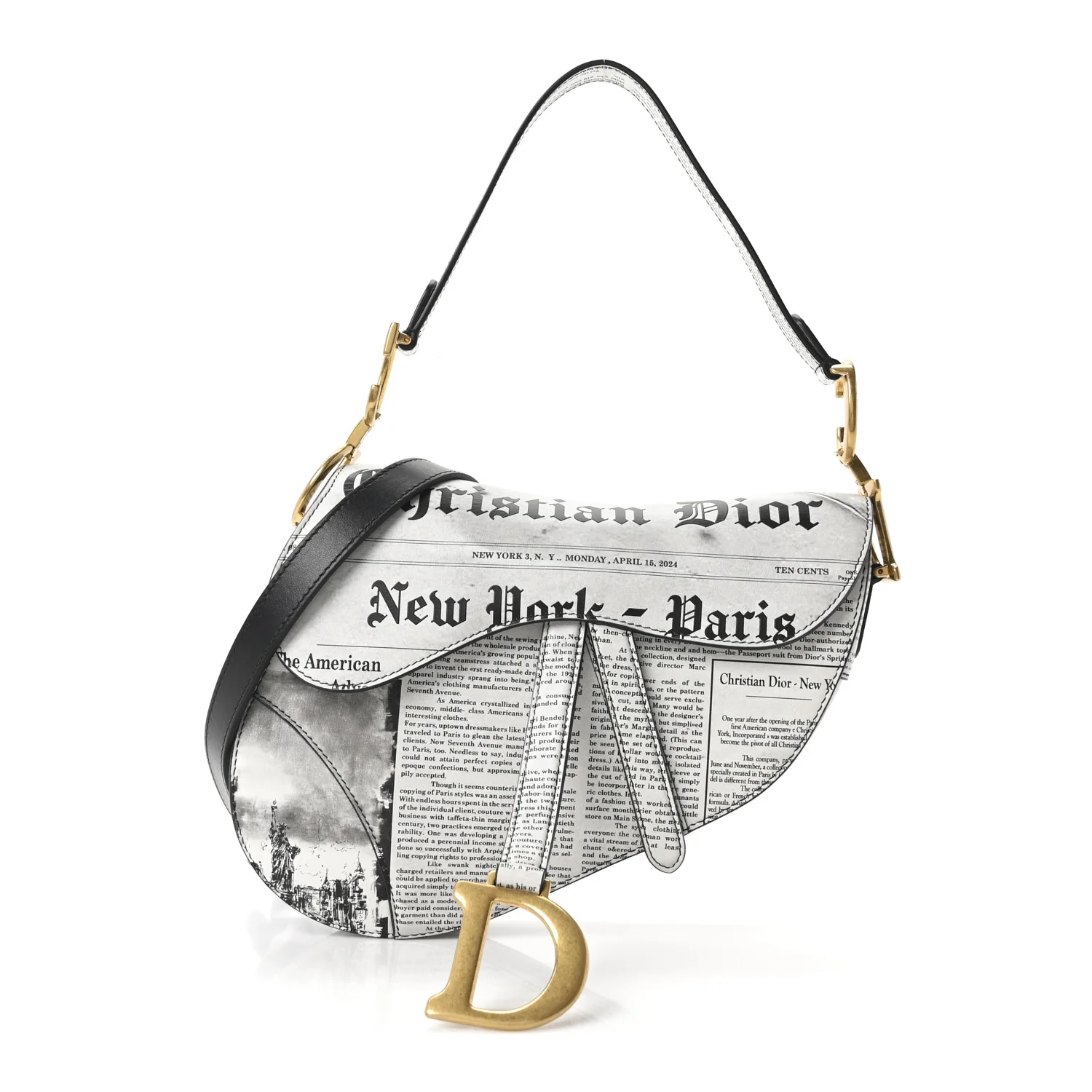 Calfskin Newspaper Printed Saddle Bag With Strap Black White