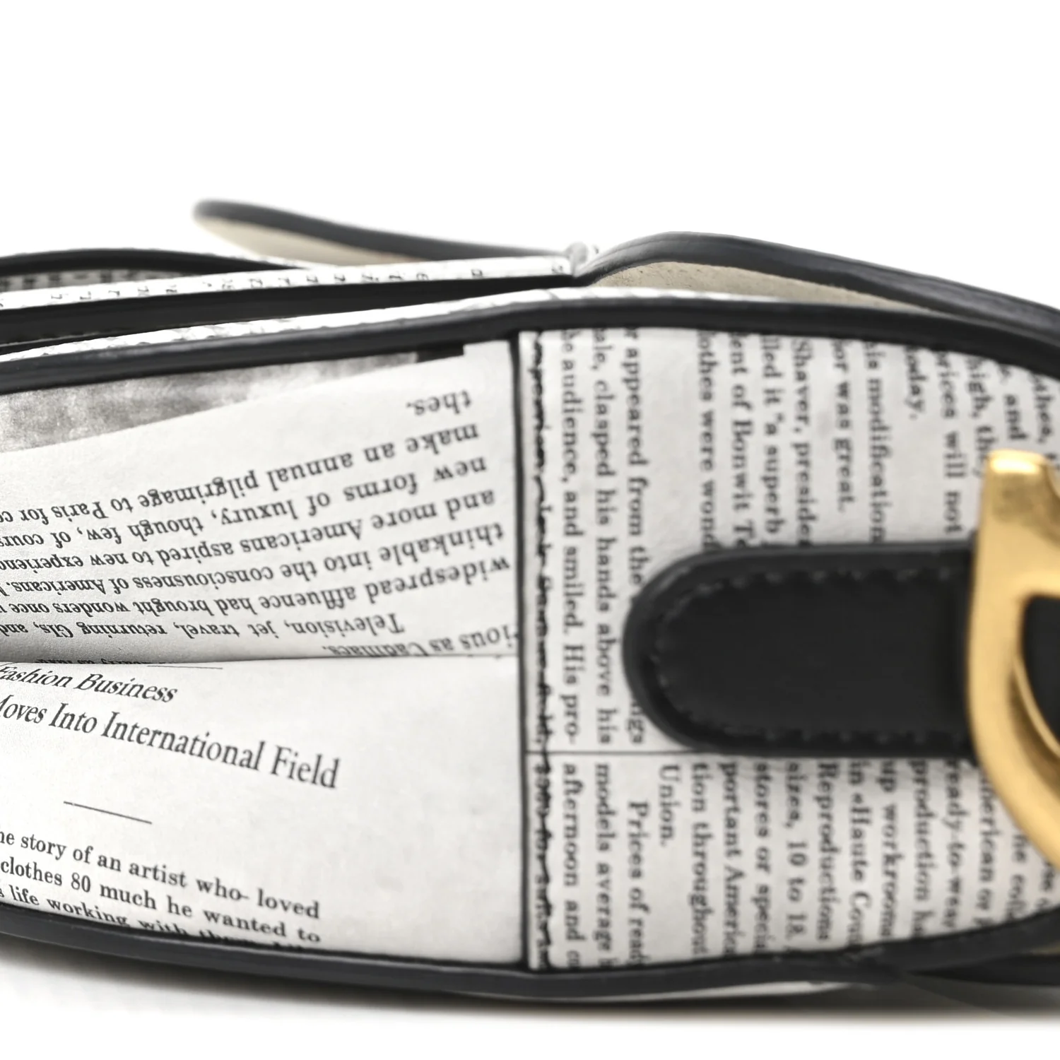 Calfskin Newspaper Printed Saddle Bag With Strap Black White - Image 10