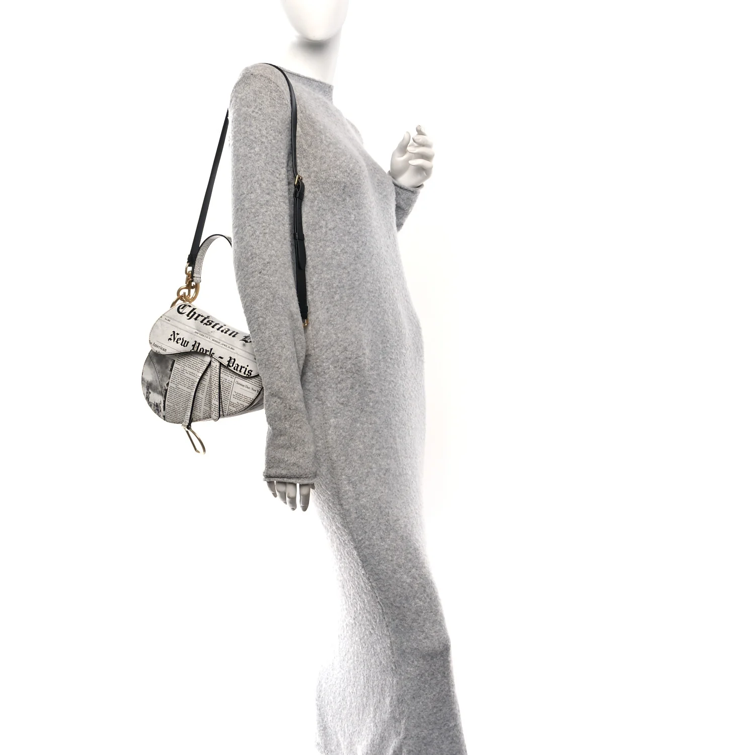 Calfskin Newspaper Printed Saddle Bag With Strap Black White - Image 2