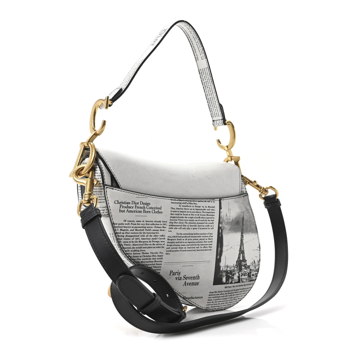 Calfskin Newspaper Printed Saddle Bag With Strap Black White - Image 3