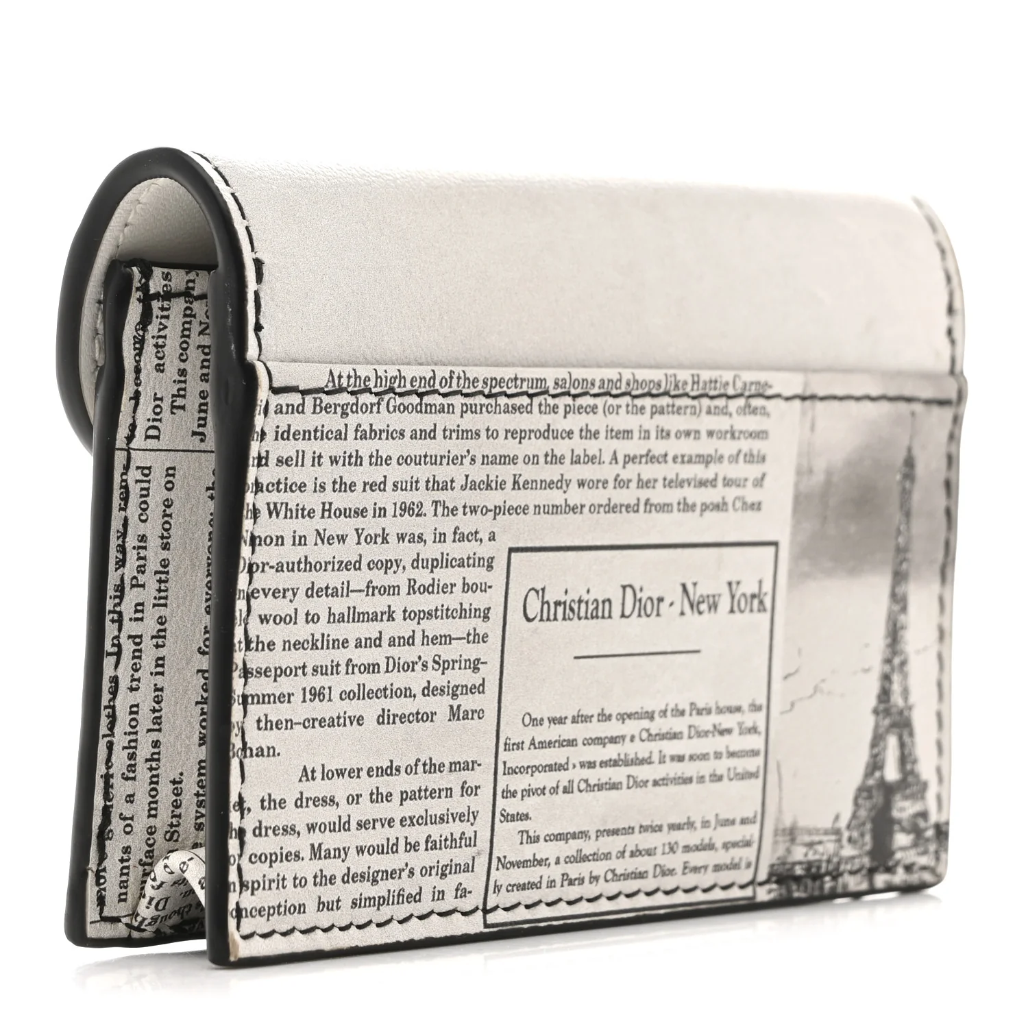 Calfskin Newspaper Printed Saddle Bloom Card Holder White Black - Image 3