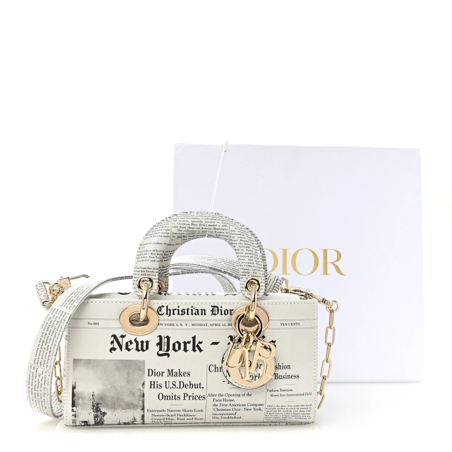 Calfskin Newspaper Printed Small Lady D-Joy Black White - Image 12