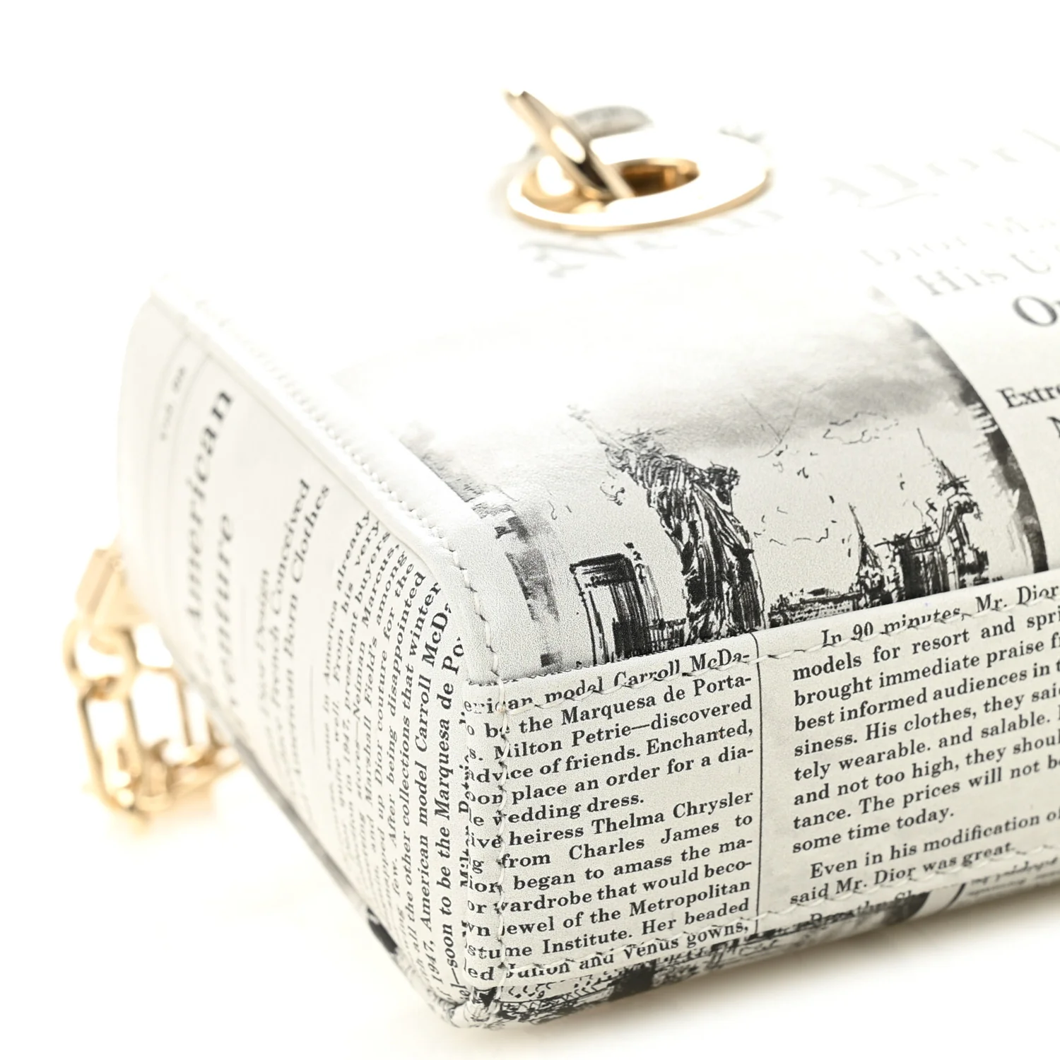 Calfskin Newspaper Printed Small Lady D-Joy Black White - Image 9