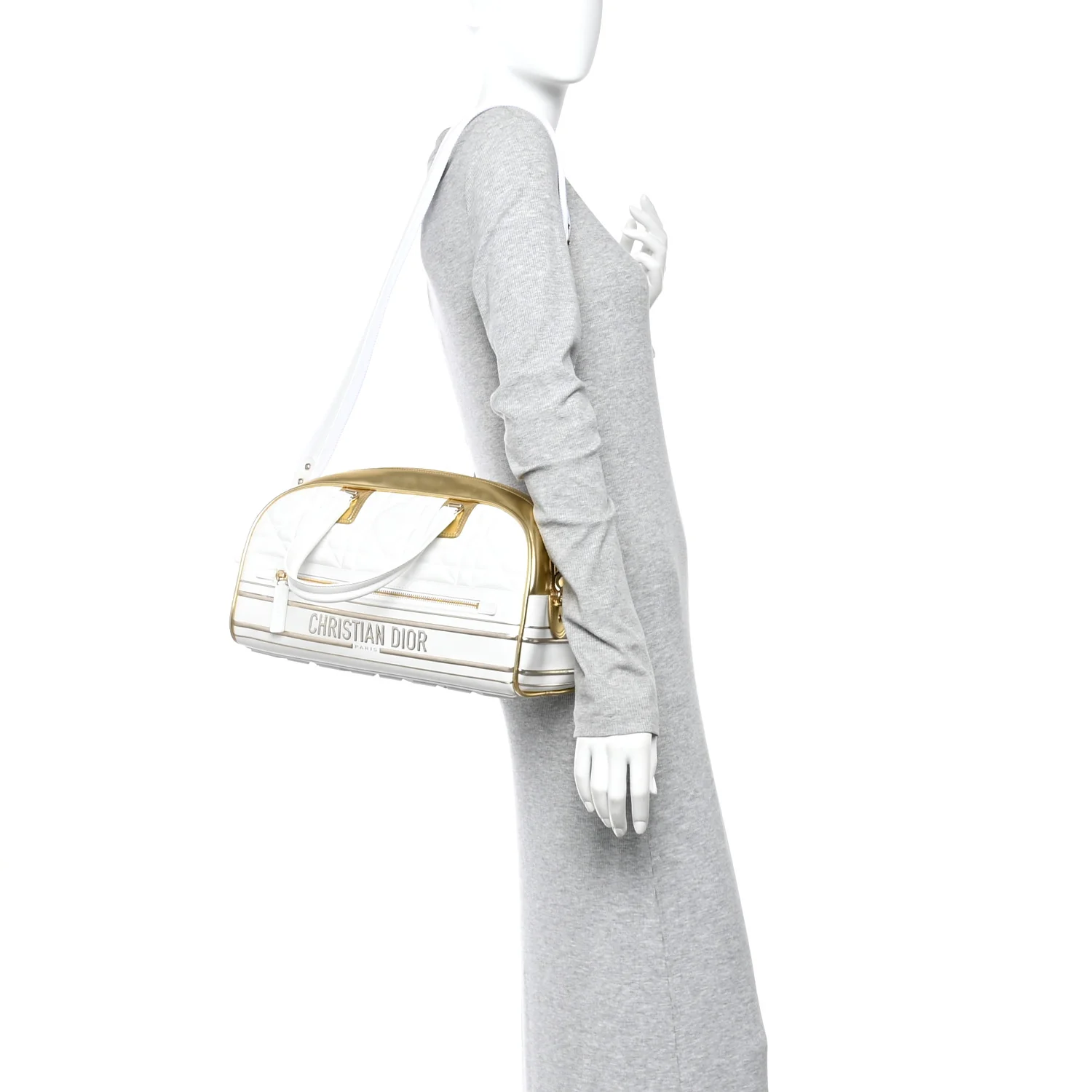 Calfskin Padded Macrocannage Medium Dior Vibe Zip Bowling Bag White Gold - Image 2