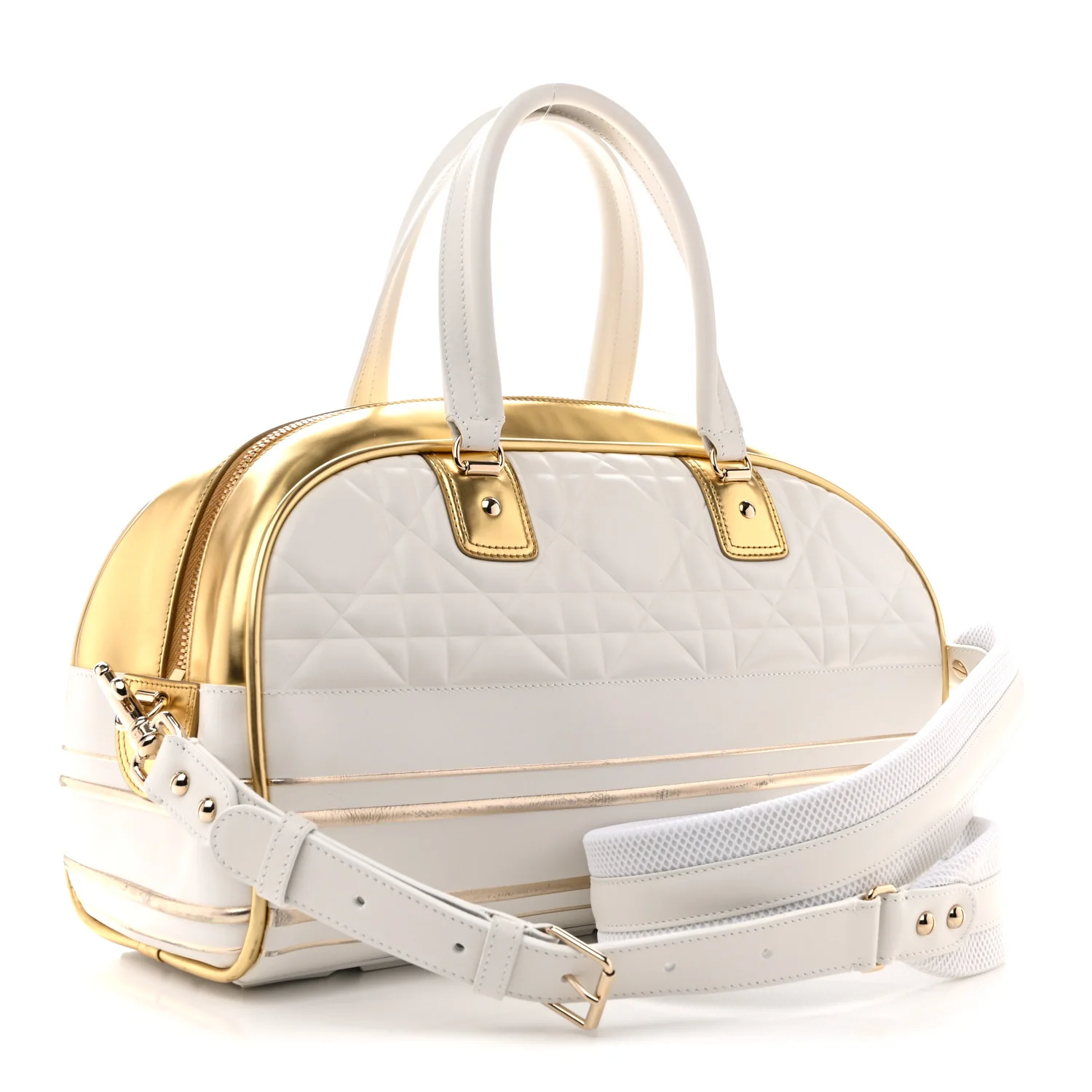 Calfskin Padded Macrocannage Medium Dior Vibe Zip Bowling Bag White Gold - Image 3