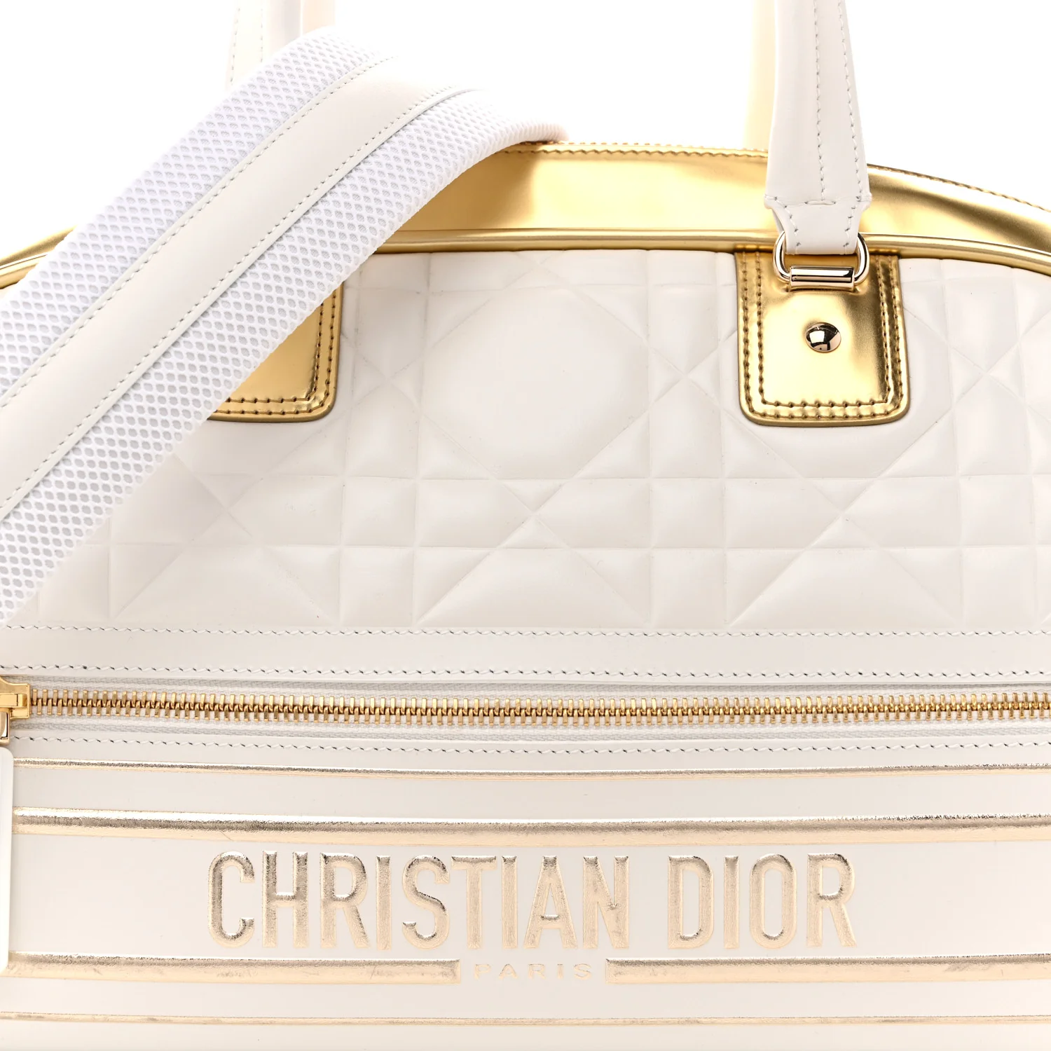Calfskin Padded Macrocannage Medium Dior Vibe Zip Bowling Bag White Gold - Image 8