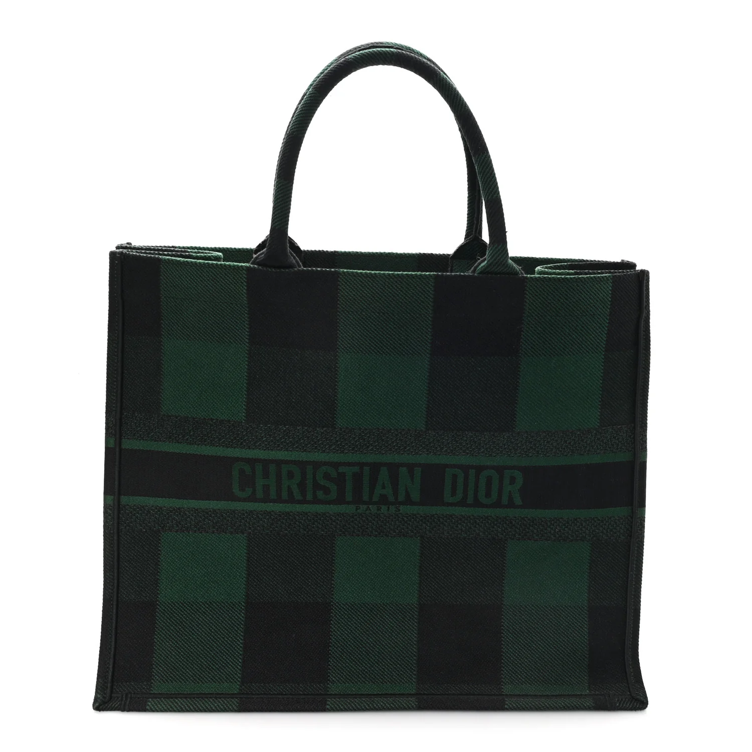 Canvas Embroidered Large Checkered Book Tote Black Green