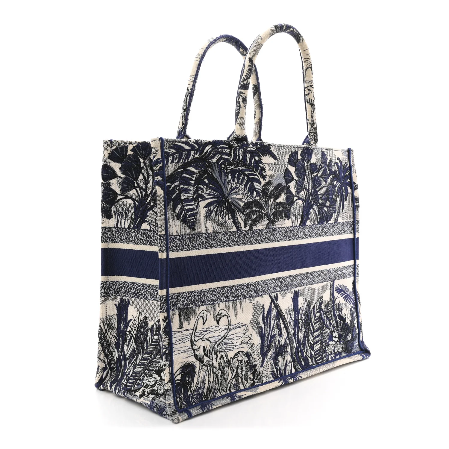 Canvas Embroidered Large Palm Tree Toile De Jouy Book Tote Blue - Image 3