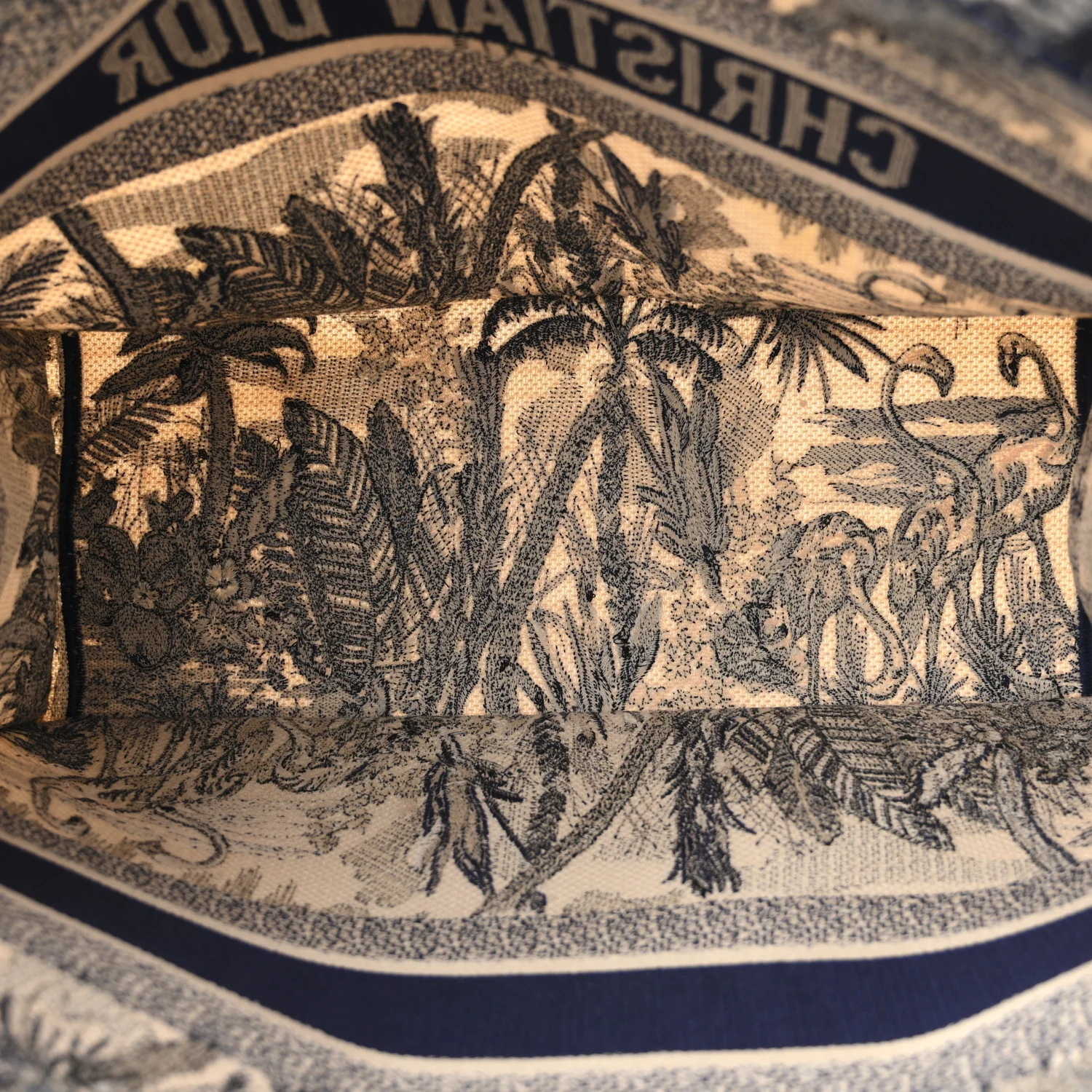 Canvas Embroidered Large Palm Tree Toile De Jouy Book Tote Blue - Image 5