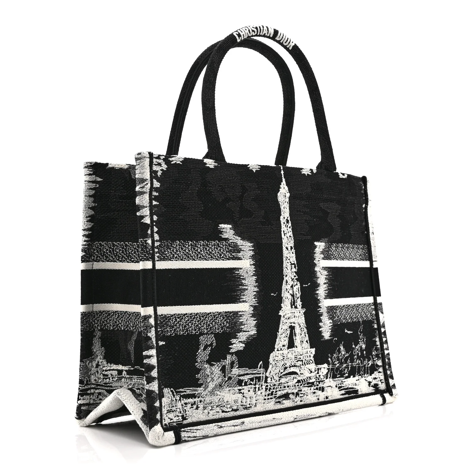 Canvas Embroidered Medium Paris Book Tote Black White - Image 3