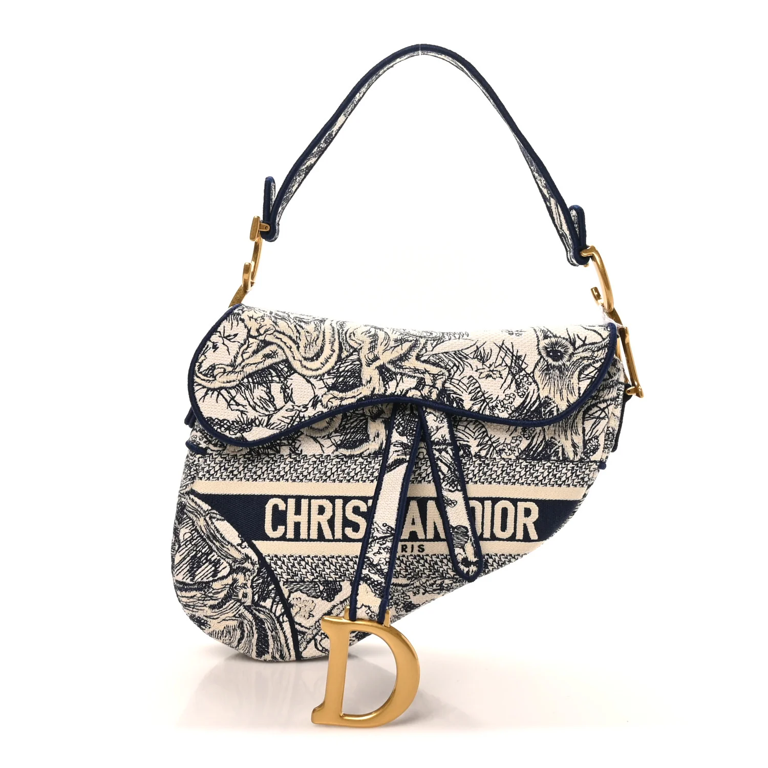 Canvas Embroidered Toile de Jouy Saddle Bag Blue