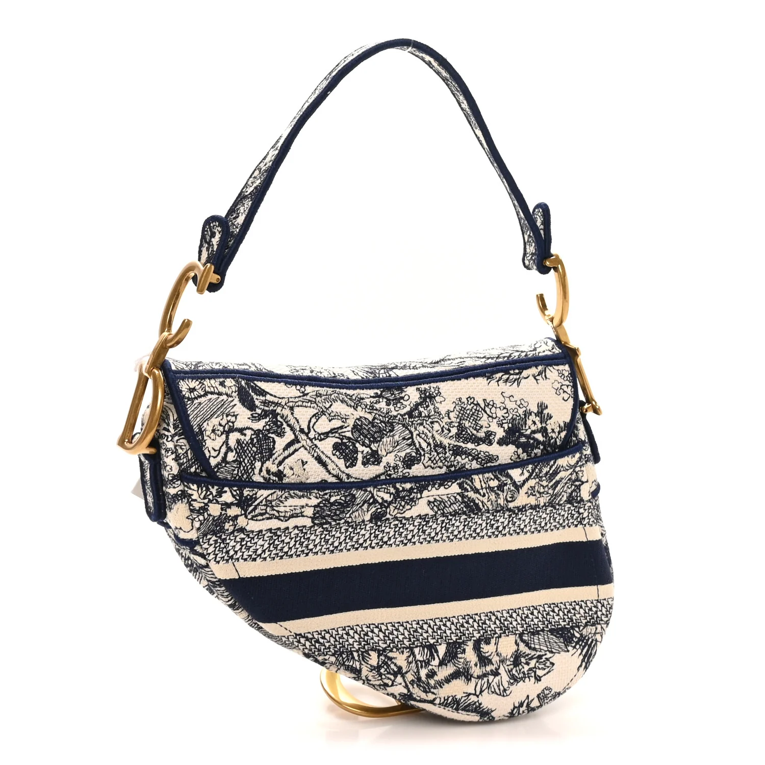 Canvas Embroidered Toile de Jouy Saddle Bag Blue - Image 3