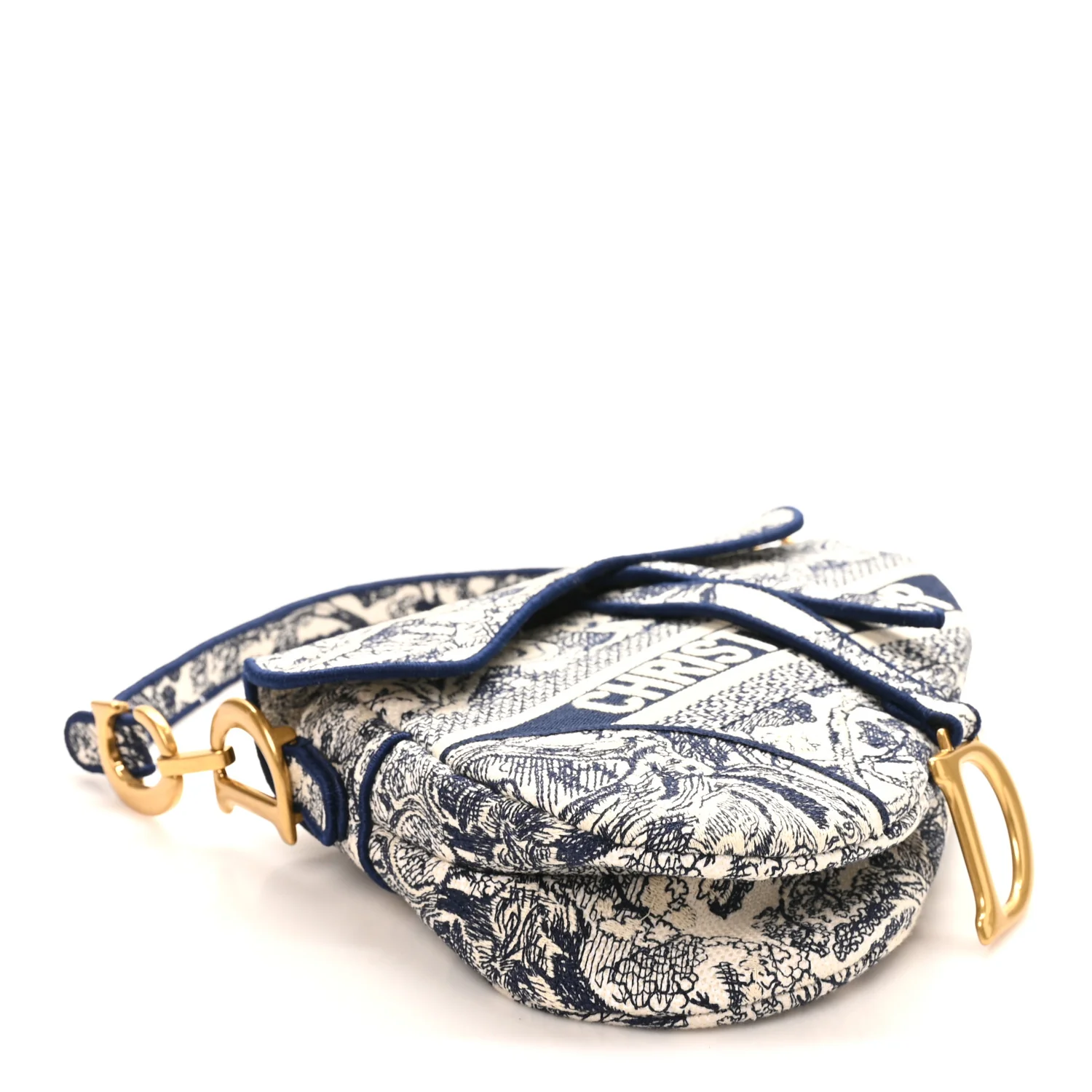 Canvas Embroidered Toile de Jouy Saddle Bag Blue - Image 4