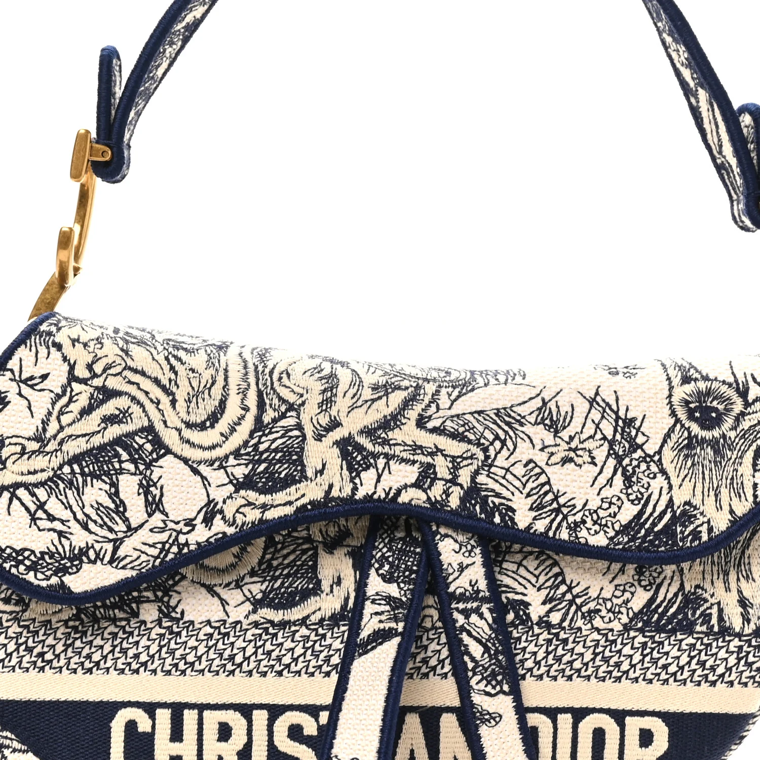 Canvas Embroidered Toile de Jouy Saddle Bag Blue - Image 8