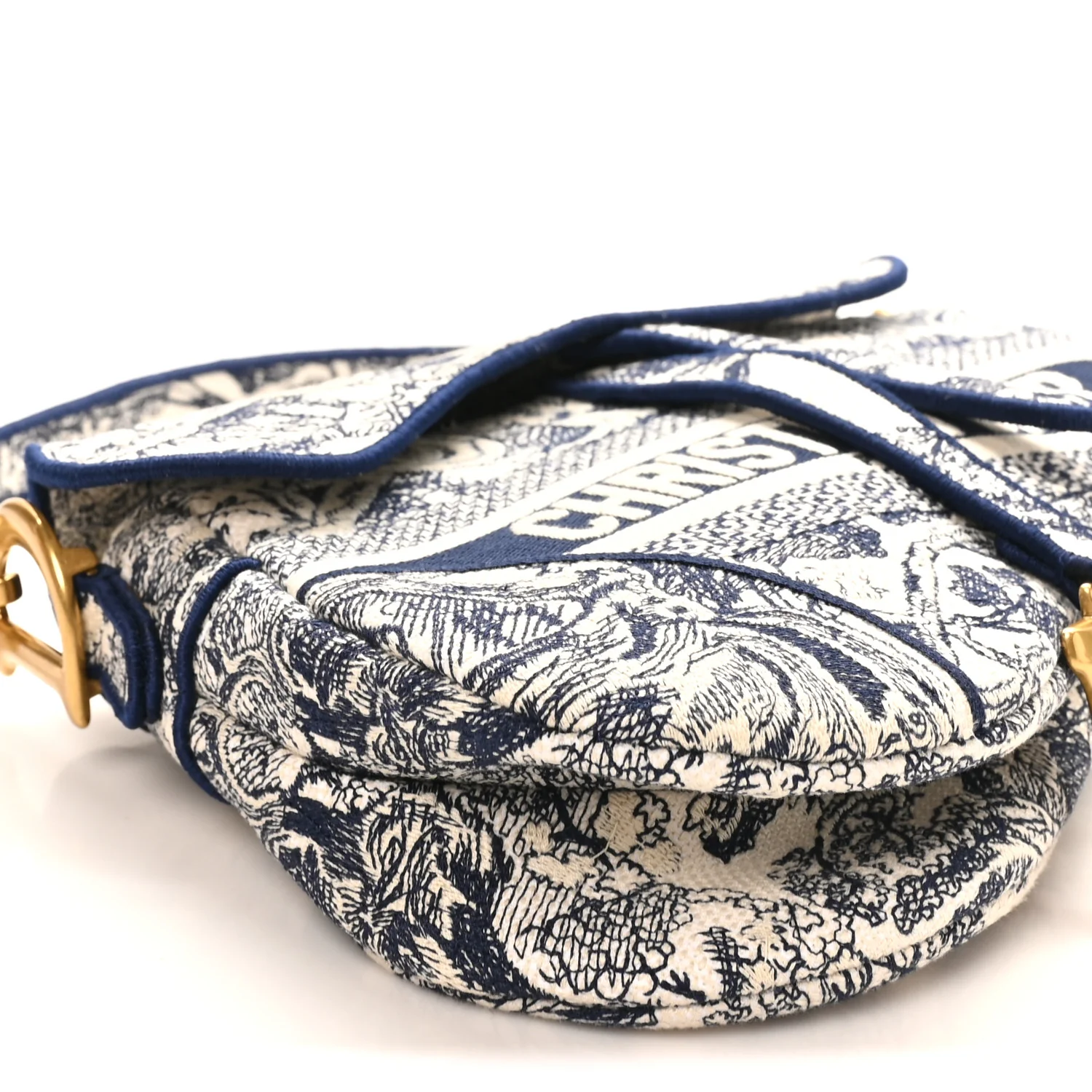 Canvas Embroidered Toile de Jouy Saddle Bag Blue - Image 9