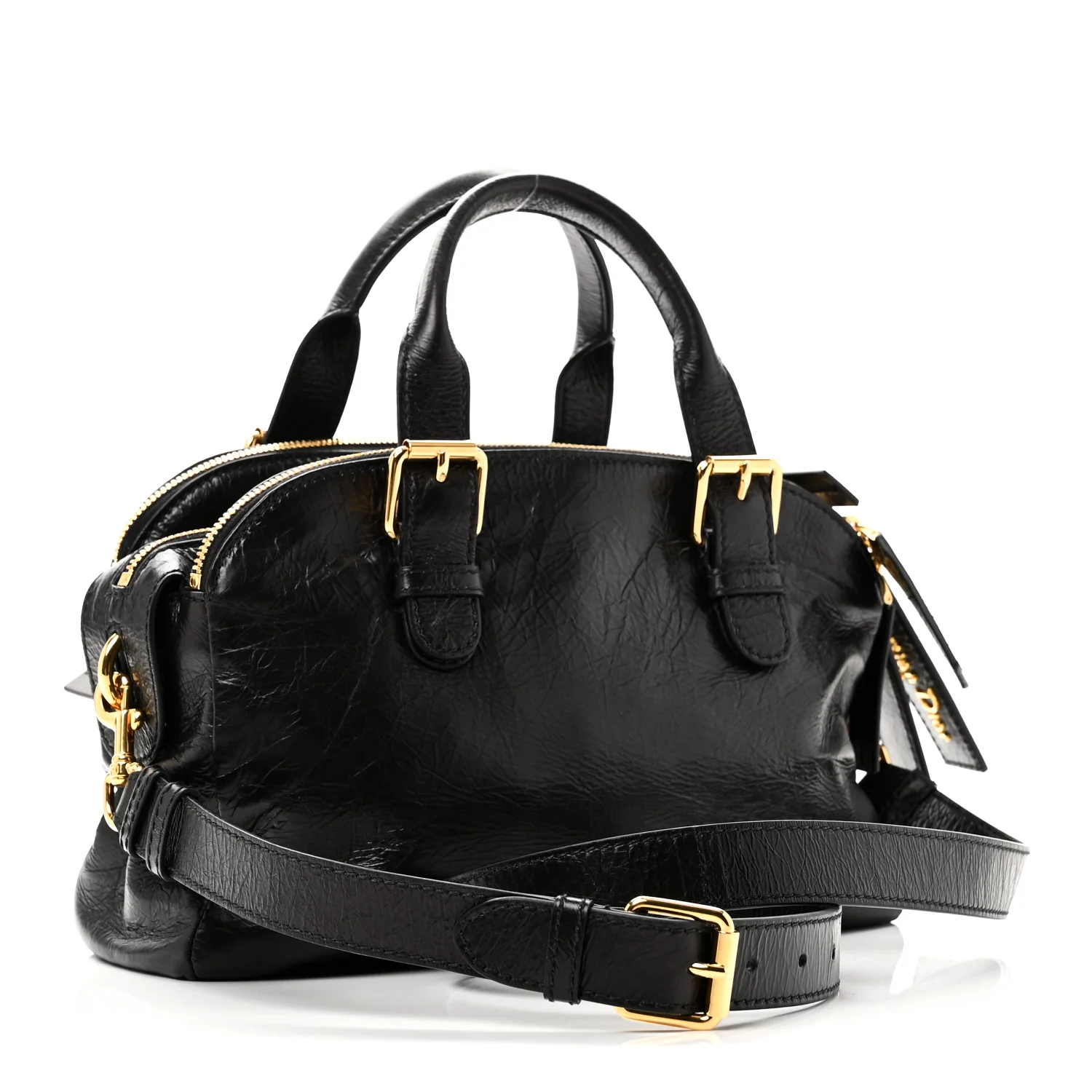 Crinkled Calfskin Small Grand Tour Bowling Bag Black - Image 3