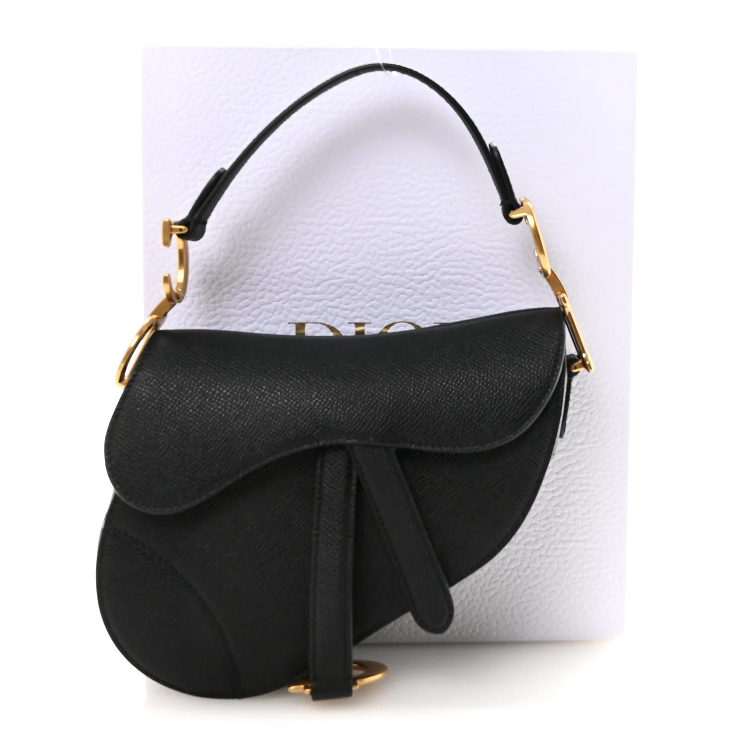 Grained Calfskin Mini Saddle Bag With Strap Black - Image 11