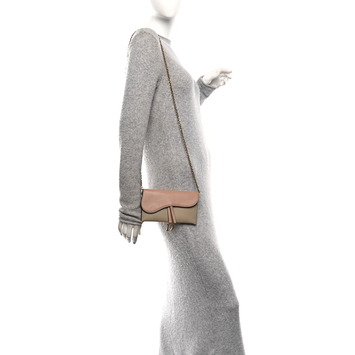 Grained Calfskin Saddle Chain Wallet Pouch Beige Taupe - Image 2