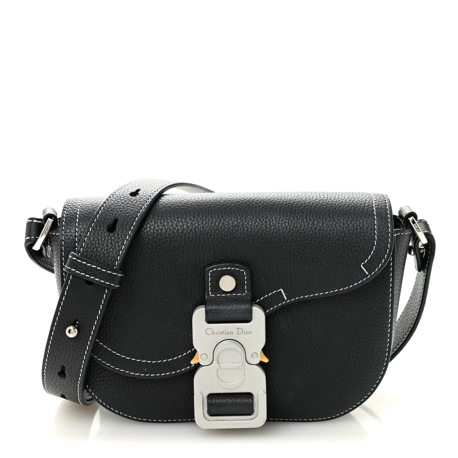 Grained Calfskin Saddle Messenger Bag With Strap Black
