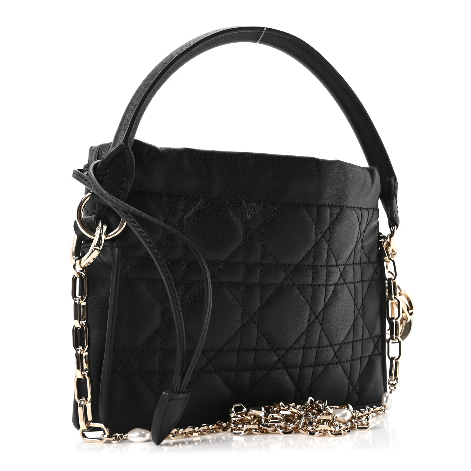 Lambskin Cannage Mini Top Handle Drawstring Bag Black - Image 3