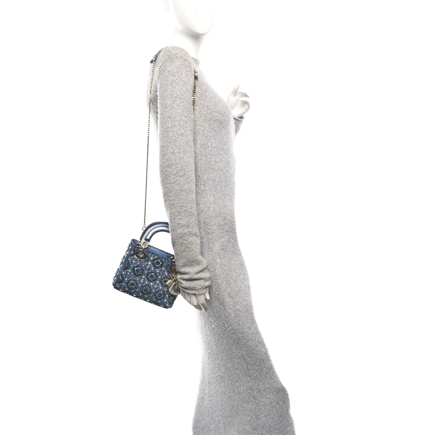 Metallic Calfskin Satin Celestial Bead Embroidery Cannage Mini Lady Dior Blue - Image 2