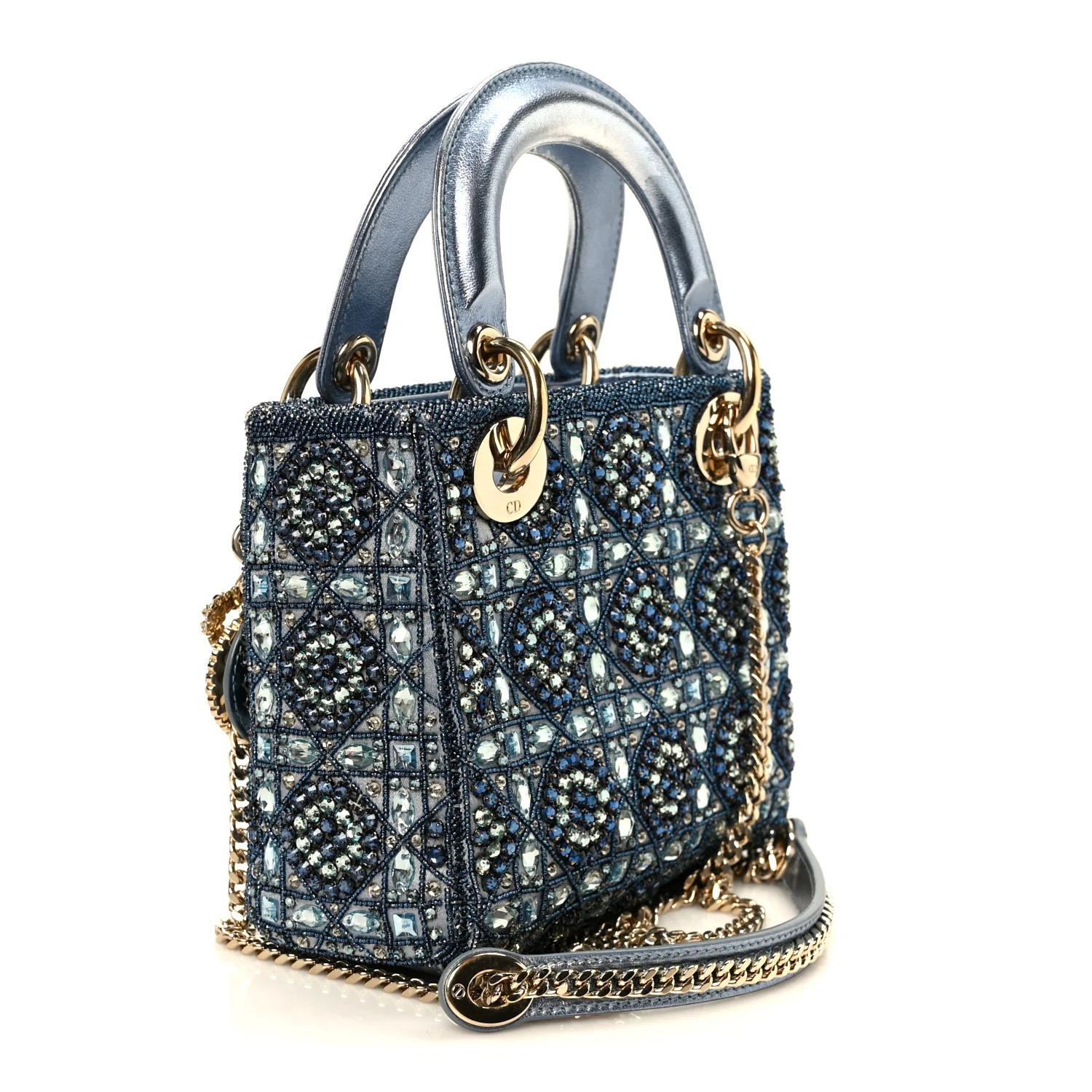Metallic Calfskin Satin Celestial Bead Embroidery Cannage Mini Lady Dior Blue - Image 3