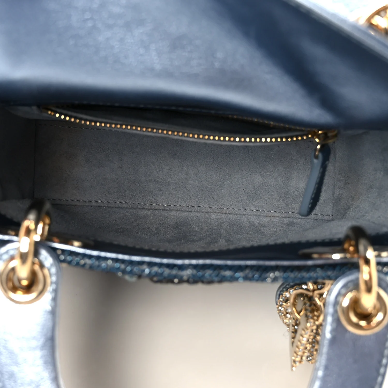 Metallic Calfskin Satin Celestial Bead Embroidery Cannage Mini Lady Dior Blue - Image 5