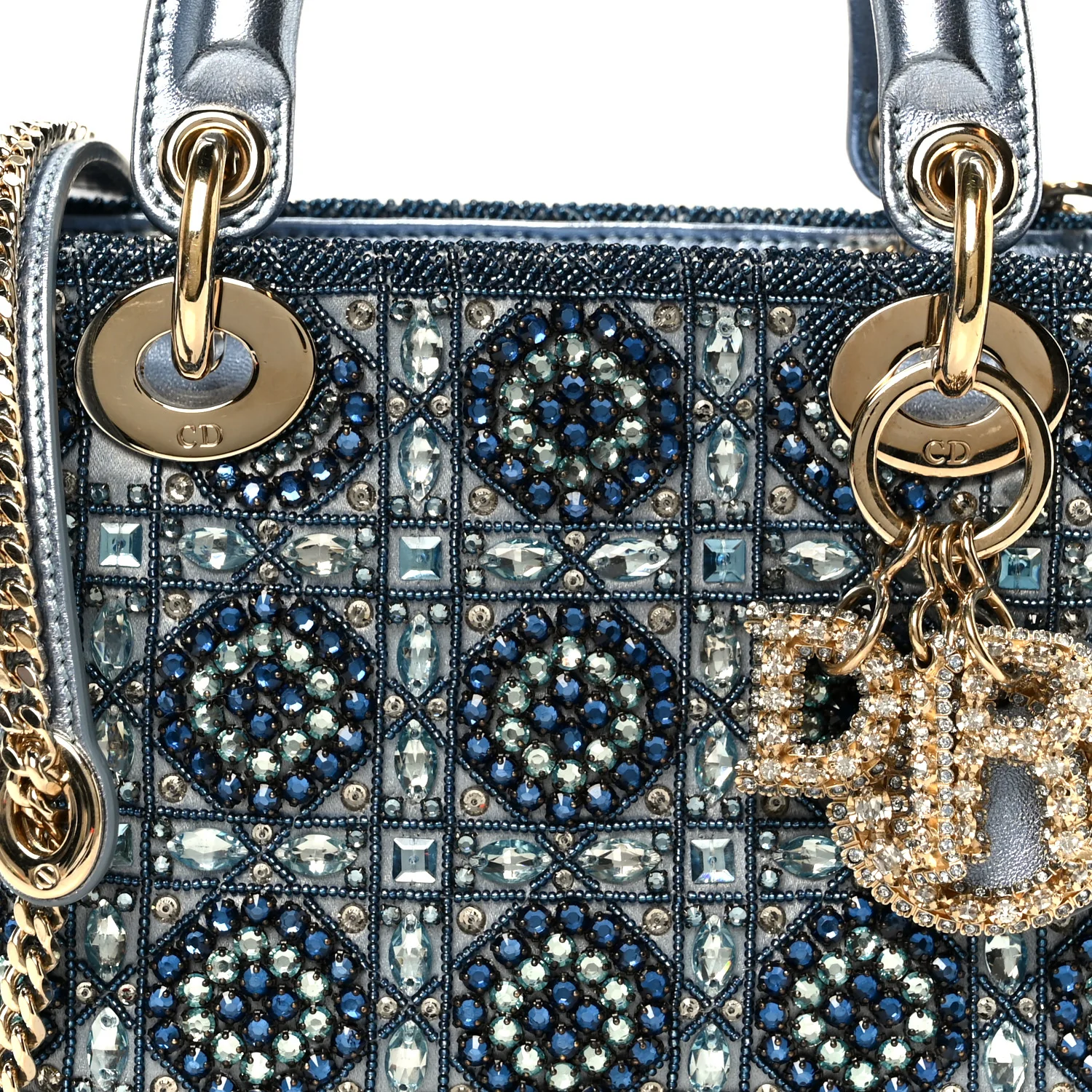 Metallic Calfskin Satin Celestial Bead Embroidery Cannage Mini Lady Dior Blue - Image 8