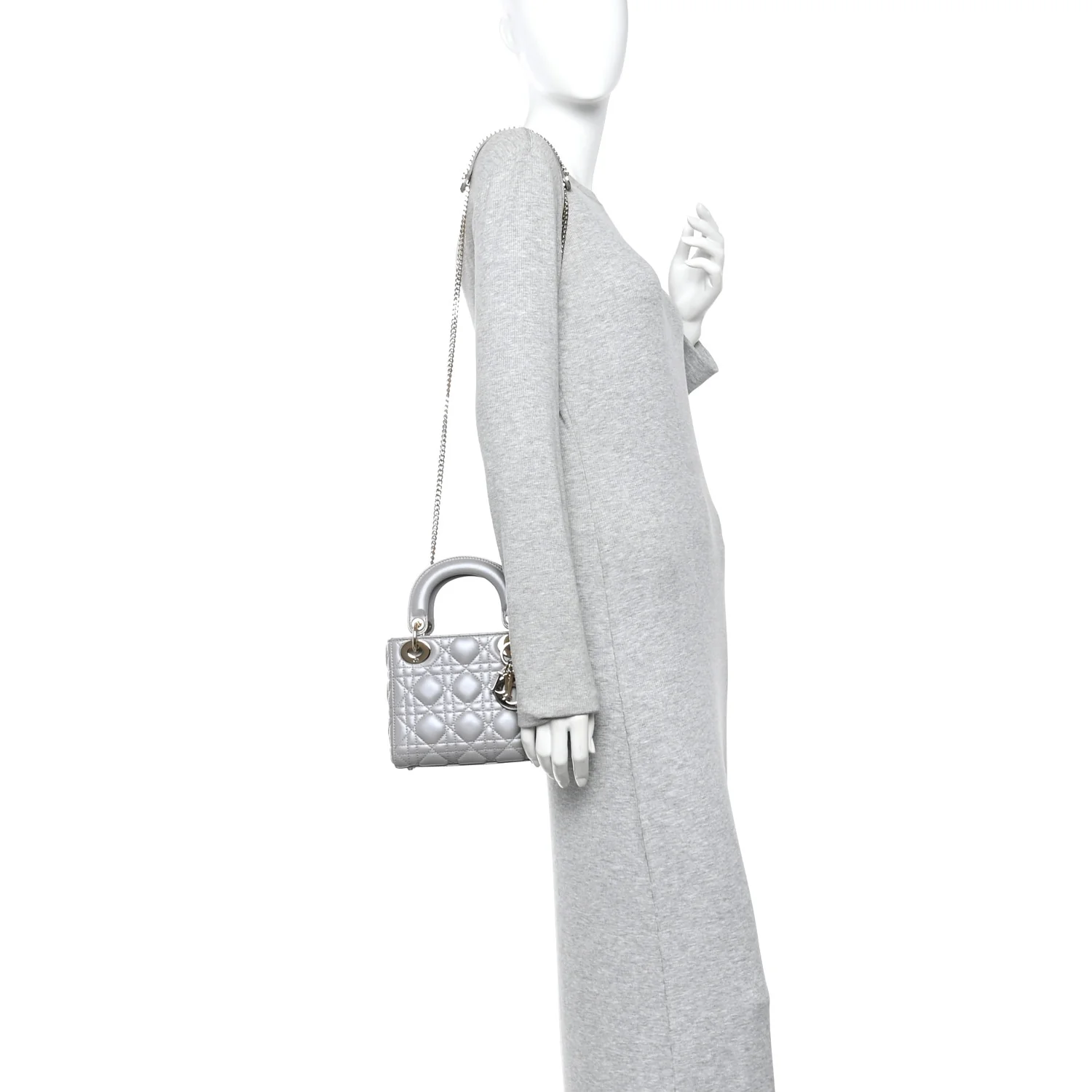 Metallic Lambskin Cannage Mini Lady Dior Grey - Image 2