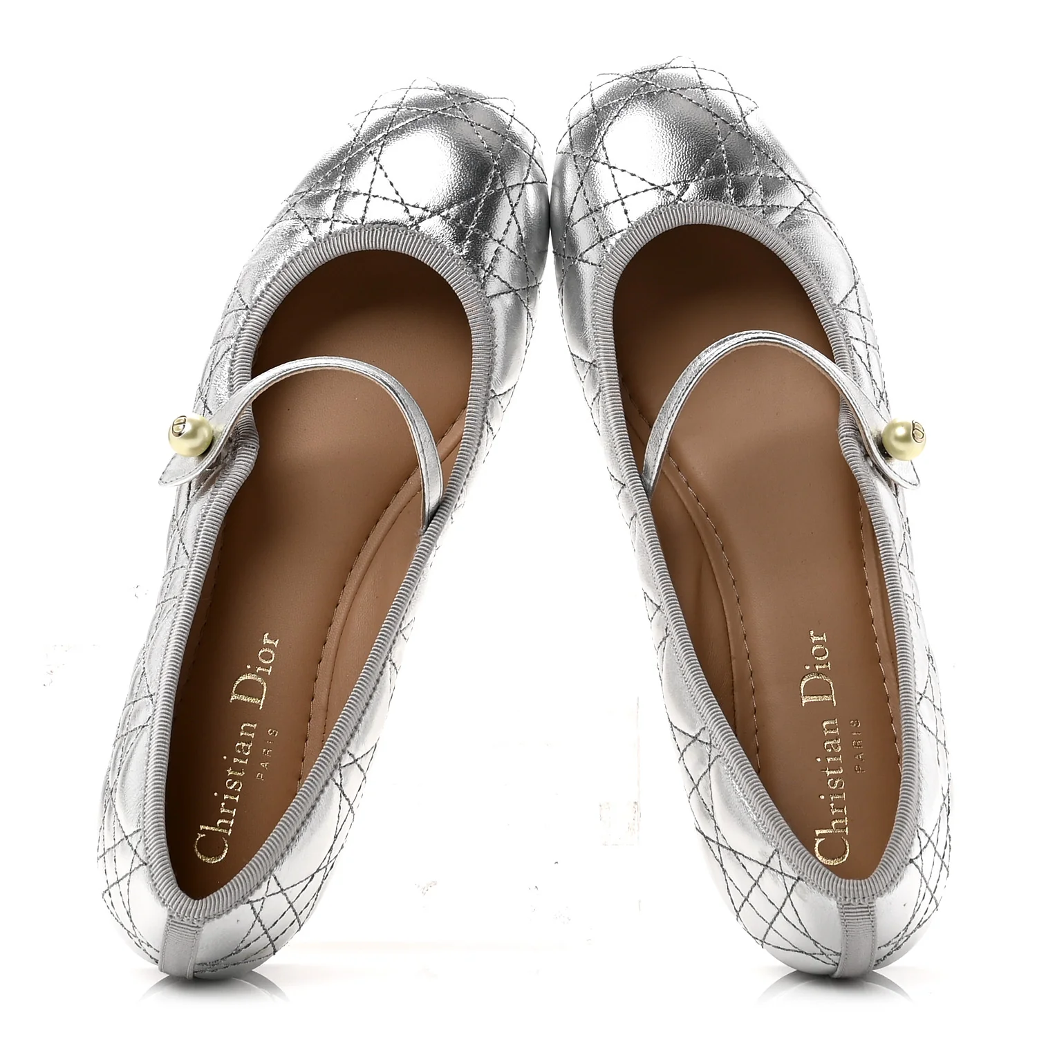 Metallic Lambskin Cannage Pearl Ballet Flats 38.5 Steel - Image 2