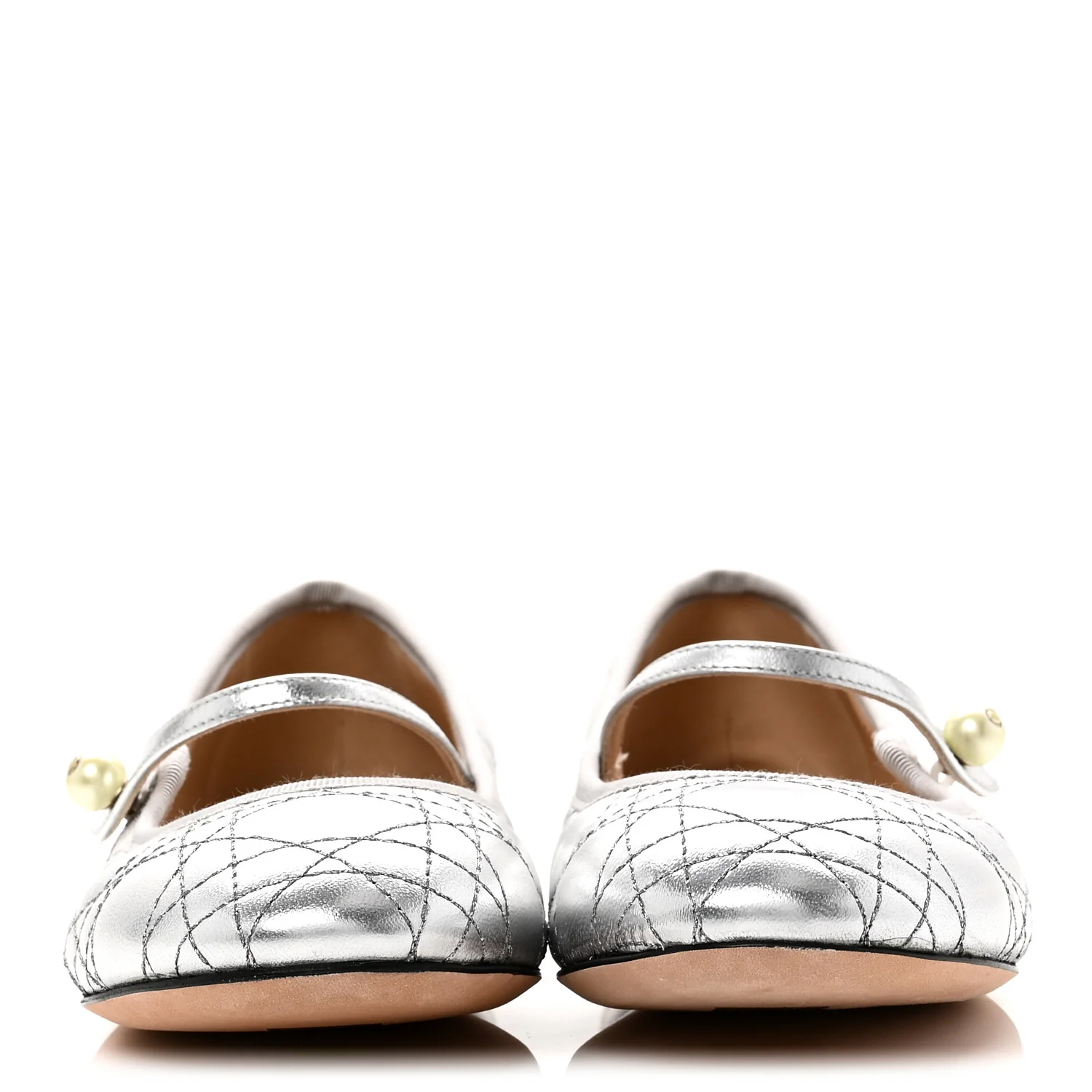 Metallic Lambskin Cannage Pearl Ballet Flats 38.5 Steel - Image 3