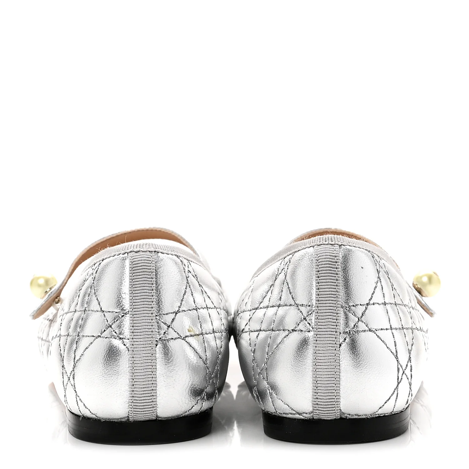 Metallic Lambskin Cannage Pearl Ballet Flats 38.5 Steel - Image 6