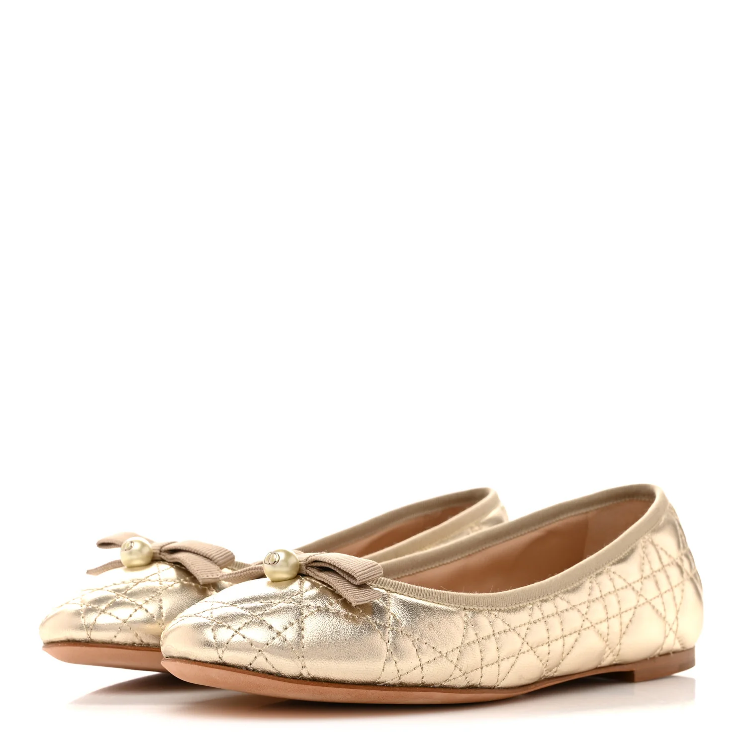Metallic Lambskin Cannage Pearl Bow Ballet Flats 38 Pale Gold - Image 4